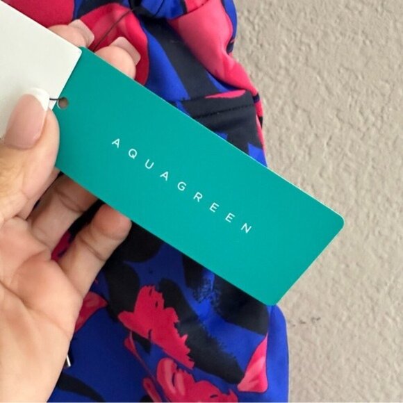 Aqua Green Blue and Pink One Piece Swimsuit V-Neck Ruching Size Large - Picture 9 of 15